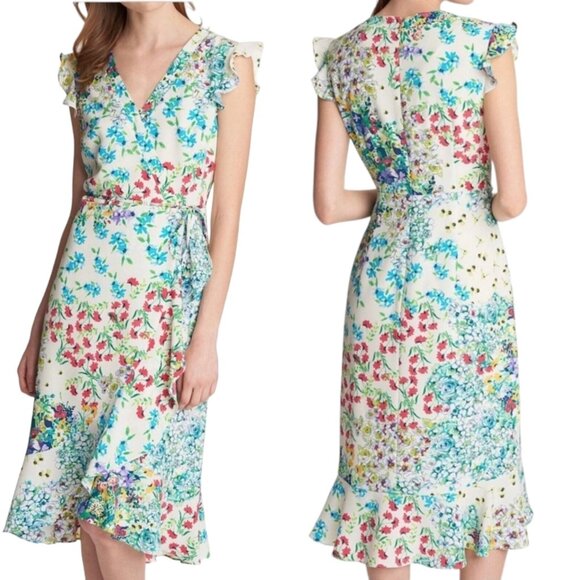 KARL LAGERFELD Paris Floral Ruffled Dress Faux Wrap Size 4 6 Small Wedding Guest - Picture 1 of 11